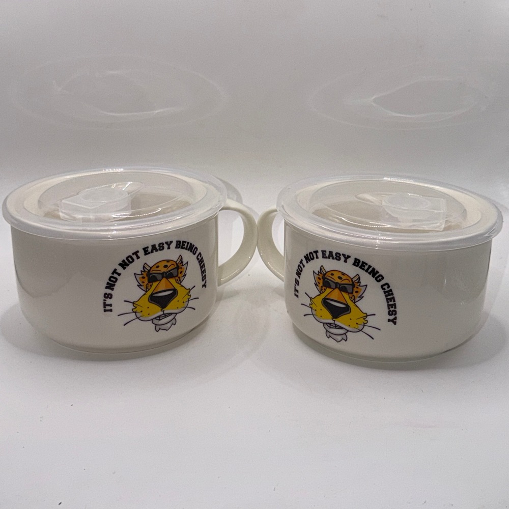 Cheetos OS Set of 2 Chester Cheetah Vented Lid Soup Mugs Retro Kitsch Snackware
